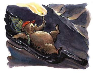 a bear with a backpack and a flaming torch sliding down a muddy slope by olga tenyakova