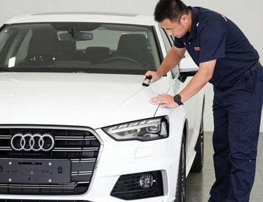Inspector examining a vehicle before purchase for engineering integrity.