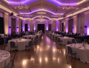 Elegant lighting design illuminating a social event with red and gray tones.