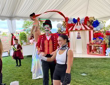 Ben HOltzmuller as Ringmaster and Tristan Avelina Cunningham ribbon twirling for Aerialogists