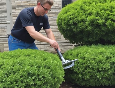 A clean yard with freshly cut grass and organized garden tools in the background.