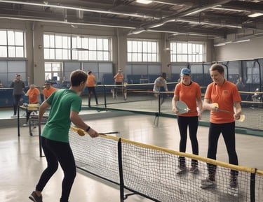 A person holds a black and red pickleball paddle with the brand name 'Conqueror' near a net on a sports court. In the background, there are blurred figures playing on other courts.