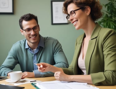 a man and woman sitting at a table with a laptop