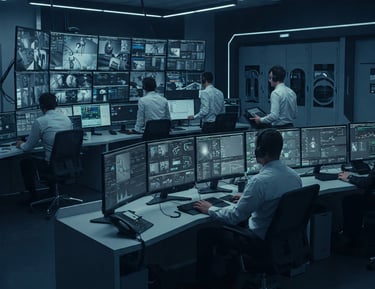 Engineers remotely monitoring networks for performance and security.