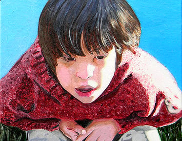 ​Oil painting depicting Lucas mesmerized and leaning over a bank, gazing into a flowing stream below