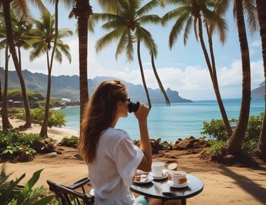 A cheerful person holding a smoothie outdoors with sunlight filtering through palm leaves.
