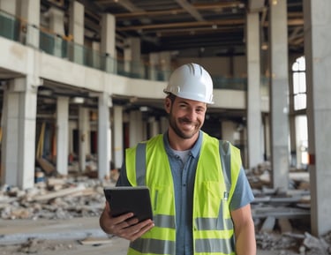 Professional team managing construction site with digital tablets.