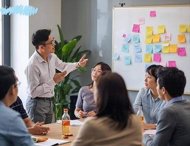 A man presenting his idea to the team.