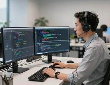 Team of developers collaborating over code in a modern office environment.