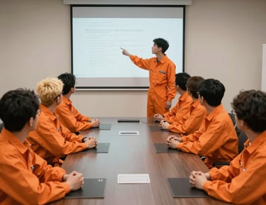 Group of technical leaders collaborating in a modern, minimalistic workspace.