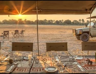 Luxury safari dinner table set outdoors in the African Karoo during a sunset game drive.