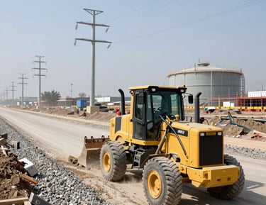 A wide shot of an industrial plant with pipelines and heavy machinery under a clear sky.