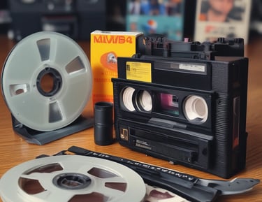 A montage of old video formats like VHS, DVD, and Super 8 being converted digitally.