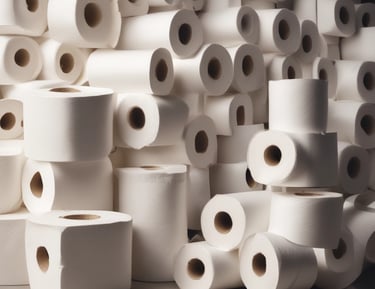 A well-organized storage room filled with paper towels, soaps, and maintenance supplies.