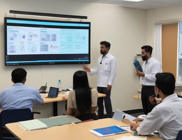 Experienced faculty member guiding students in a bright, well-equipped classroom.