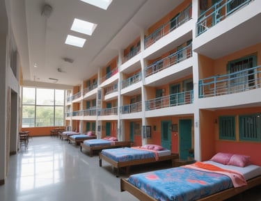 Comfortable and secure girls hostel with study areas and common rooms.