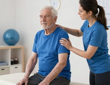 Senior receiving guided rehabilitation exercises from a professional therapist indoors.