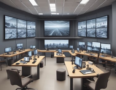 Digital signage screens displaying information in a business environment.