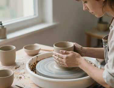 Artisan carefully shaping raw clay on a potter’s wheel to create a ceramic mug.