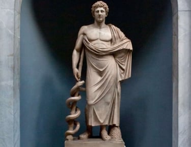 asklepios, greek god of medicine and rodd of asklepios