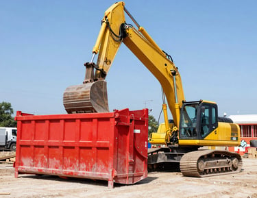 Team members loading debris into a dumpster with safety gear on a sunny day.