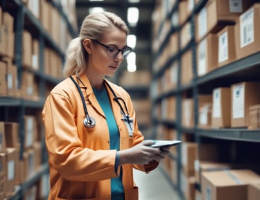 Close-up of a driver scanning a barcode on medical equipment for proof of delivery.
