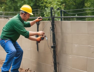 Technician performing maintenance on an electric perimeter security system.