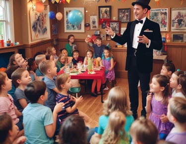 A smiling magician performing a birthday magic show with balloons and happy children around.