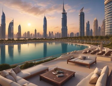 a couch with a table and chairs in front of a cityscapeople