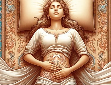 Resting woman with symbolic organ illustration on her abdomen