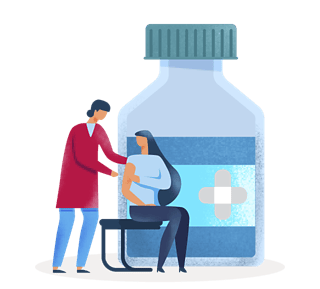 Illustration of a doctor giving a patient a vaccination injection in front of a large medicine vial.