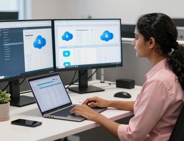 A technician setting up network equipment in a modern small office environment.