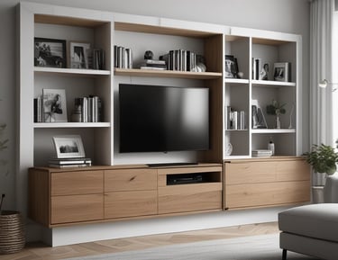 Stylish living room shelving unit made of natural wood with decorative items.