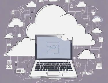 Futuristic cloud computing graphic with data streams and neon effects.