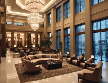 A hotel manager inspecting hotel facilities with staff in a welcoming environment.