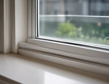 A uniformed technician vacuuming window tracks to remove dust and debris.