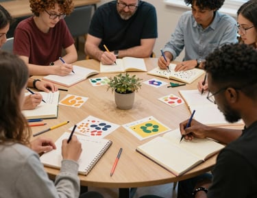 Corporate wellbeing session image of employees writing in a journal around a table