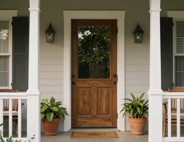 A warm, welcoming front porch of a tidy residential home, green plants, soft natural daylight, straight-on honest framing.