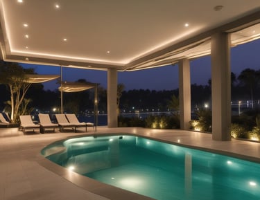 Underwater LED lights glowing softly in a renovated pool at dusk.