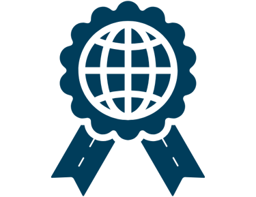 Blue global award ribbon icon representing Globally Certified Temporary Tattoo