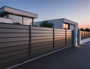 Valla metálica moderna modelo Horizonte con lamas horizontales anchas y acabado premium para chalet.