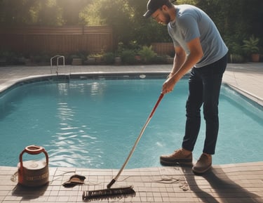 A pool technician repairing a pool pump beside a serene Paros villa.