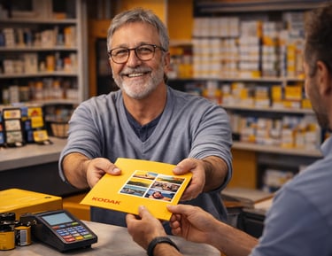 Smiling man handing a yellow Kodak photo envelope to a customer at a print shop counter.
