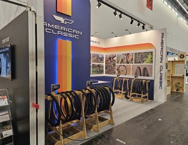 Custom wooden product display at the American Classic booth in Frankfurt.