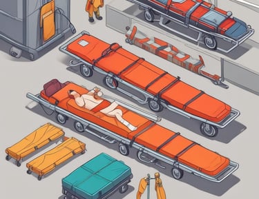 Emergency rescue equipment including stretchers and first aid kits ready for use.