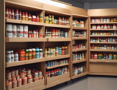 Bright and clean interior of the autonomous market with stocked shelves.