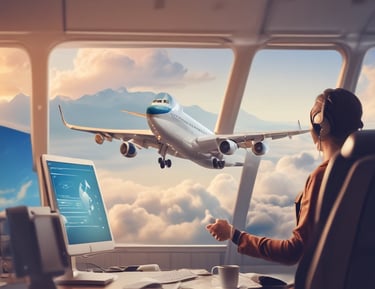A serene airport runway at sunset with a plane ready for takeoff.