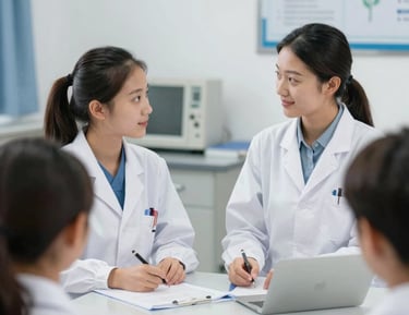 Medical students studying anatomy charts together in a bright classroom.