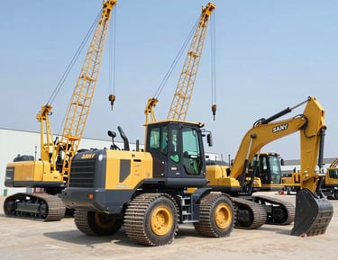 Construction machinery such as loaders and cranes operating on a busy road construction site.