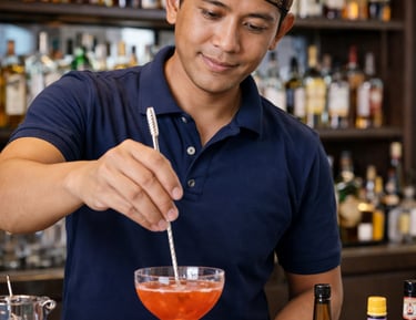 A professional bartender stirring a craft cocktail in a coupe glass at an upscale bar.